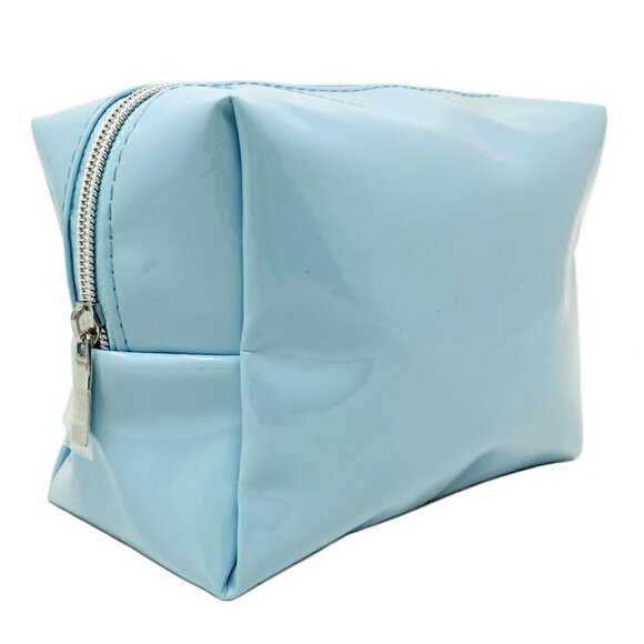 Sky Blue Womens Patent Vegan Leather Makeup Travel Essentials Cosmetic Bag NEW - Picture 2 of 2